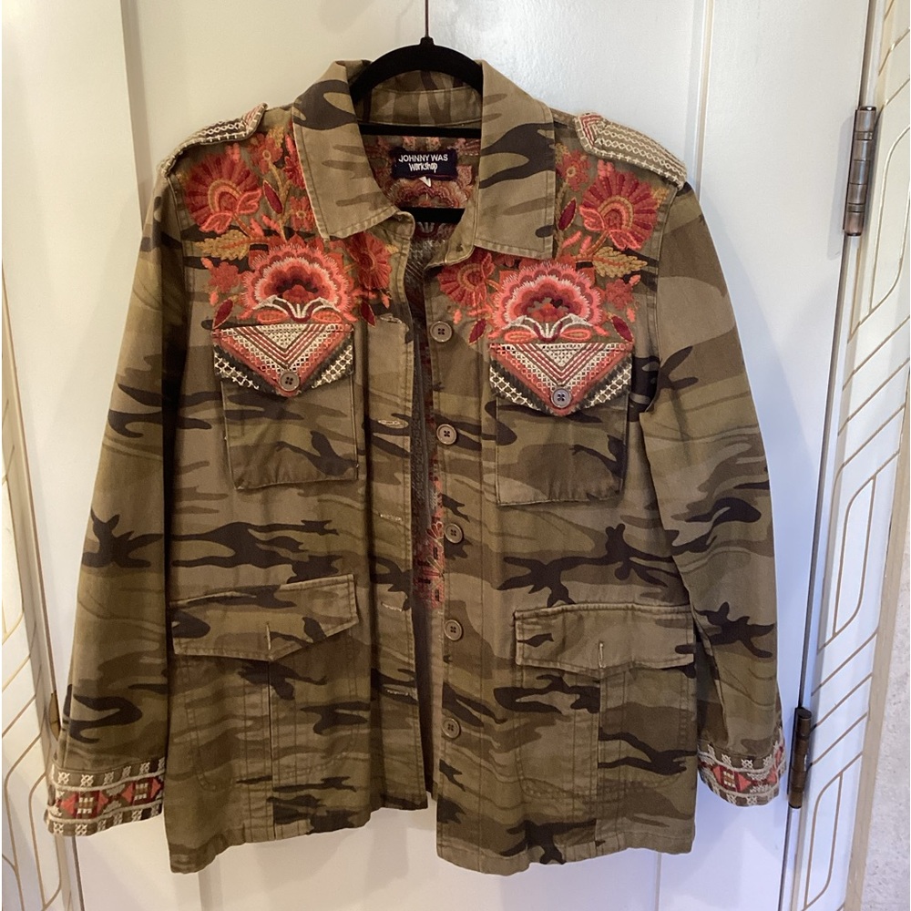 Brand “Johnny Was Workshop” Camo Denim with Embroidery.  Size M.
